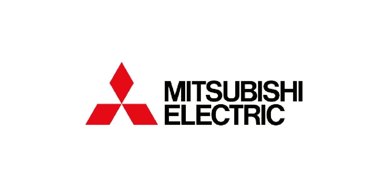 Logo von Mitsubishi Electric mit rotem Symbol und schwarzem Schriftzug.