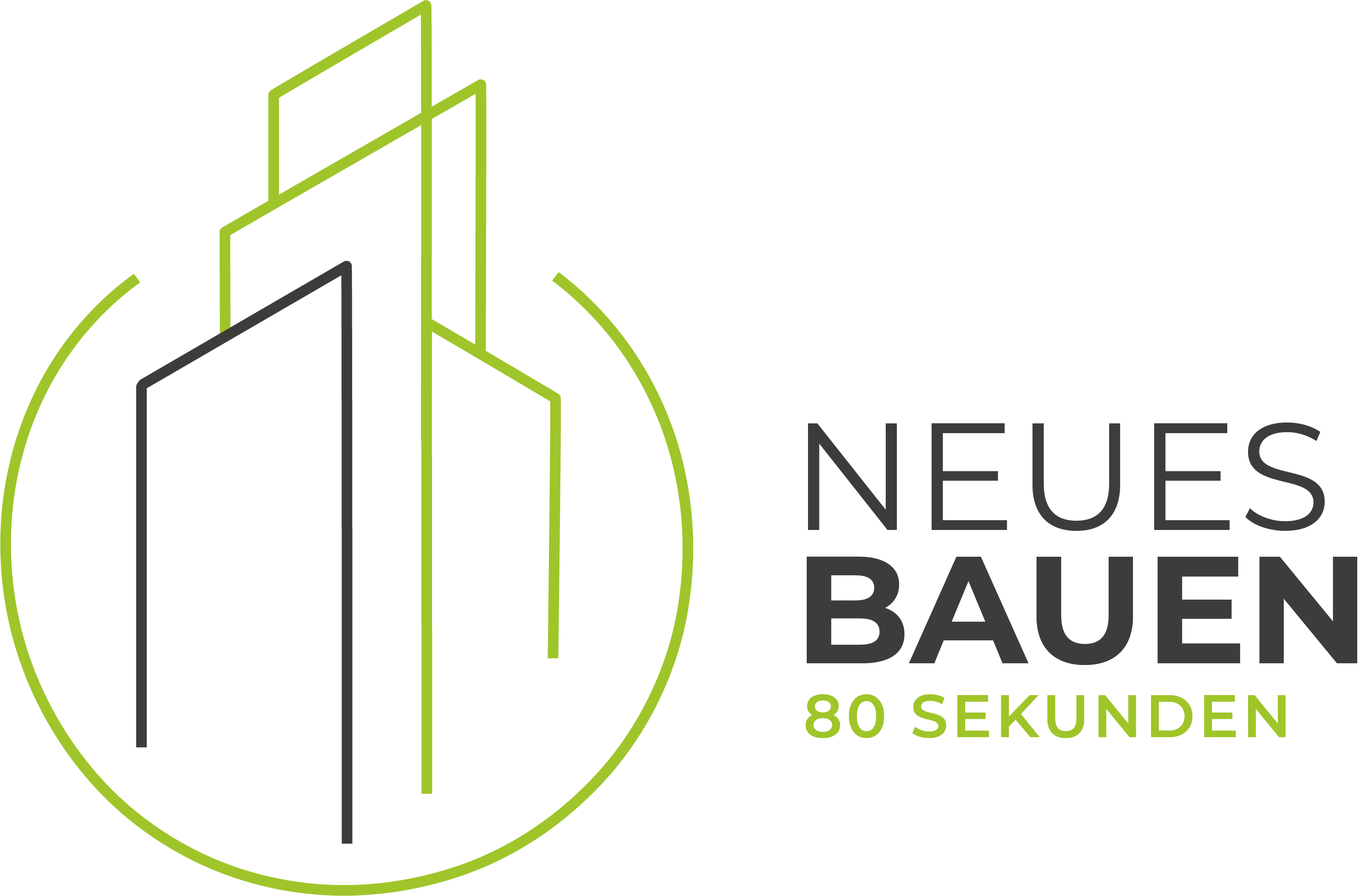 Logo von "Neues Bauen", bestehend aus stilisierten Gebäuden und dem Text "NEUES BAUEN 80 SEKUNDEN".